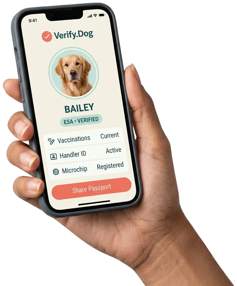 Hand holding a phone showing the Verify.Dog digital passport for Bailey, a golden retriever, with ESA-Verified status and vaccination, handler ID, and microchip records.