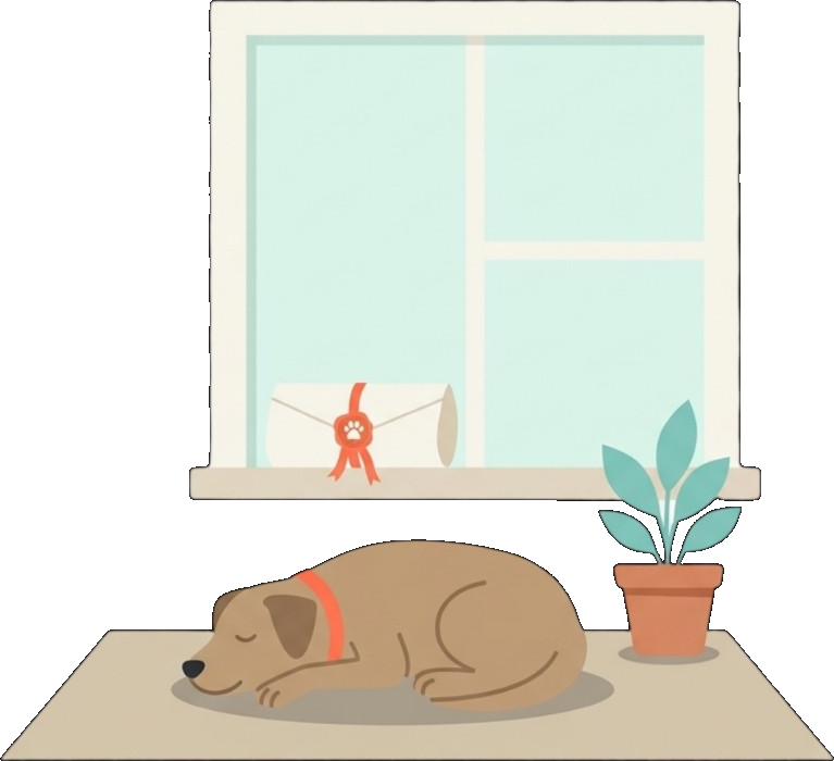Editorial illustration: a small dog naps on a rug at home, next to a houseplant, with a signed ESA letter â€” sealed with a paw-print ribbon â€” resting on the windowsill above.