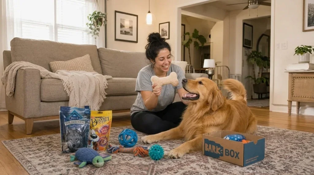 A happy pet owner spoiling their dog with treats and toys at home